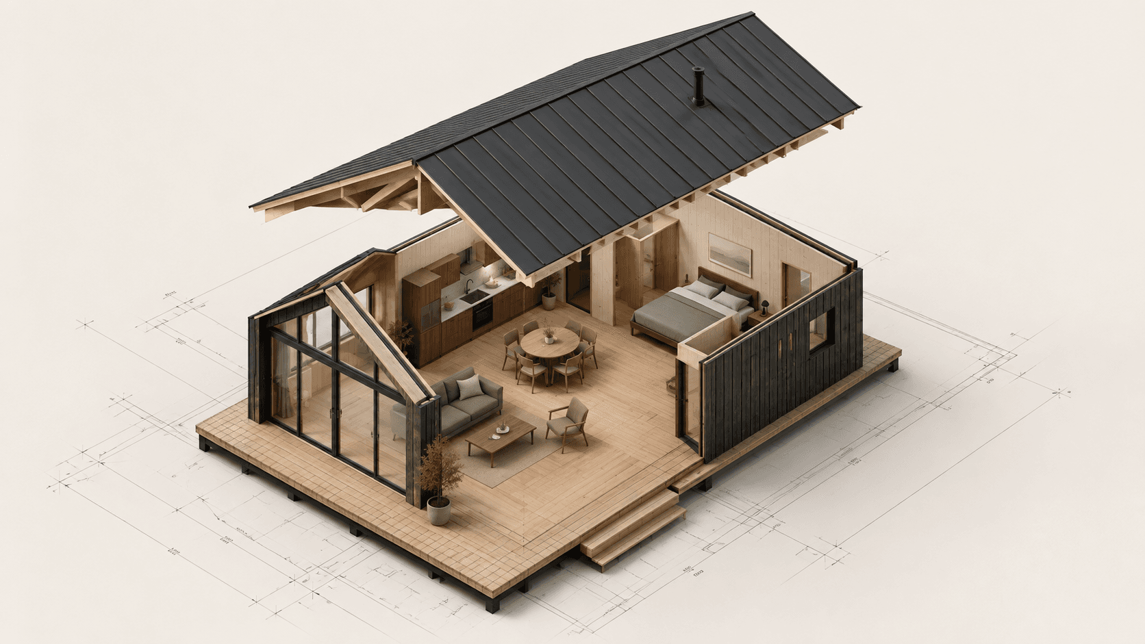 Architectural concept of a timber cabin with its roof lifted to reveal the furnished interior