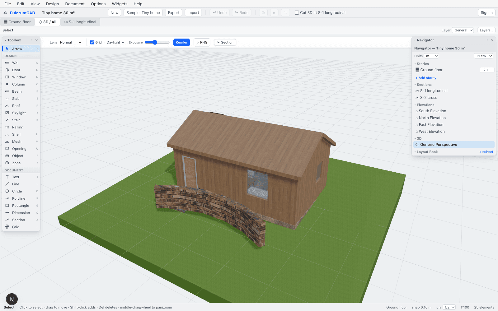 Actual FulcrumCAD browser screenshot showing the tiny home in the 3D viewport